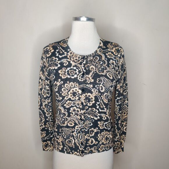 Talbots Floral Cardigan Black Gold Shimmer Metallic - Picture 1 of 10